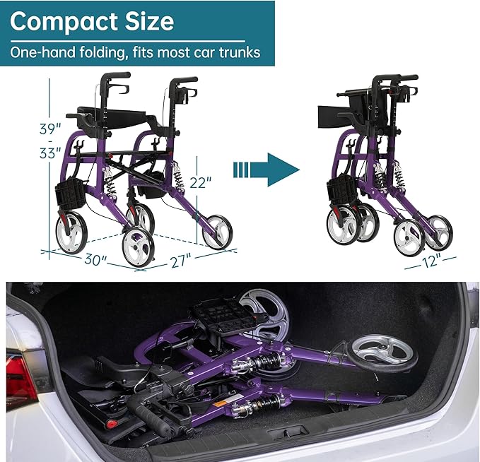 ELENKER 2 in 1 Rollator Walker & Transport Chair for Seniors, Folding Rolling Walker Wheelchair Combo with Wide Seat and Shock Absorber, Purple