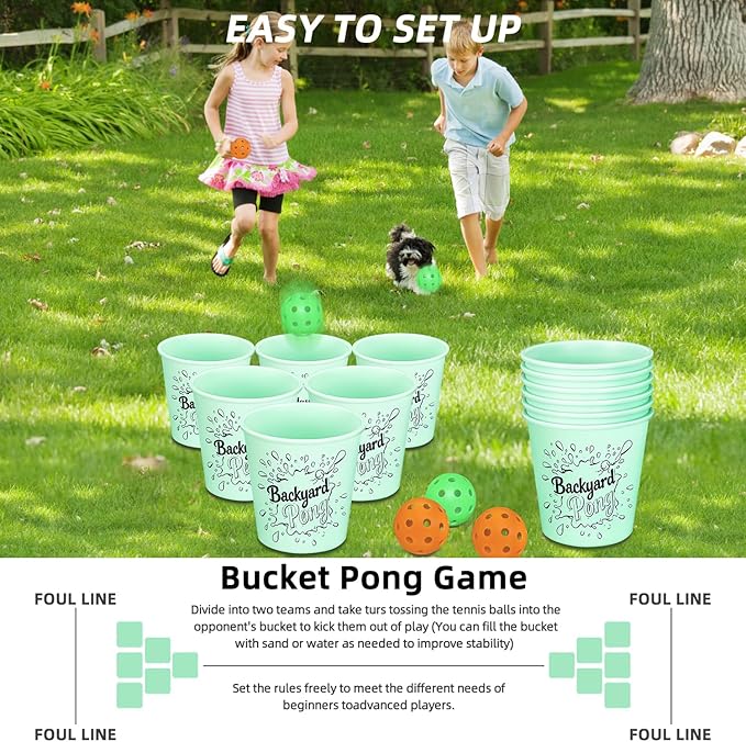 Mostop Yard Pong Outdoor Games Glow in Dark, Giant Yard Game Set with 12 Buckets, 6 Balls and Carrying Bag, Toss Throwing Game for Kids Adults Lawn, Beach, Camping, Tailgating or Backyard Activities