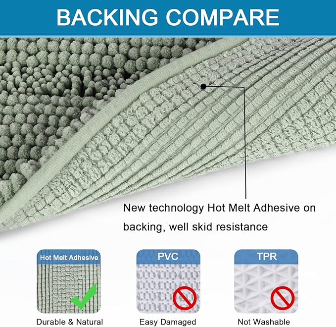 H.VERSAILTEX Bath Mats for Bathroom Non Slip Extra Thick Chenille Striped Bath Rug 24" x 36" Absorbent Non Skid Fluffy Soft Shaggy Rugs Washable Dry Fast Plush Mats for Indoor, Bath Room, Tub - Sage