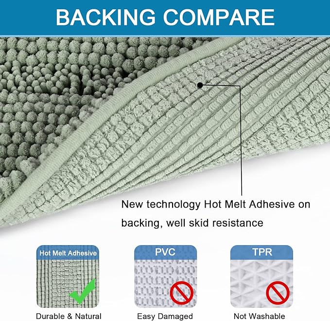 H.VERSAILTEX Sage Bathroom Rugs, Bath Mat Set of 2 Extra Thick Chenille Striped Pattern Shaggy Bath Rugs for Bath Room, Non Skid Bath Mats for Bathroom Floor (32 x 20 Plus 24 x 17 - Inches)