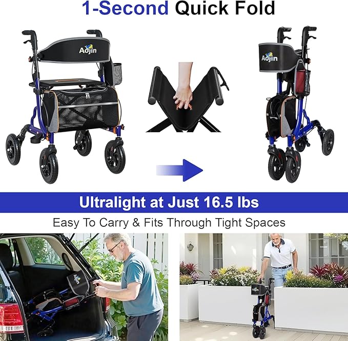 Rollator Walker for Seniors with Seat, Lightweight & Foldable, 8" All-Terrain Wheels, 18" Big Seat, 6-Level Adjustable Height Rolling Walker, 350 lb Capacity, Blue
