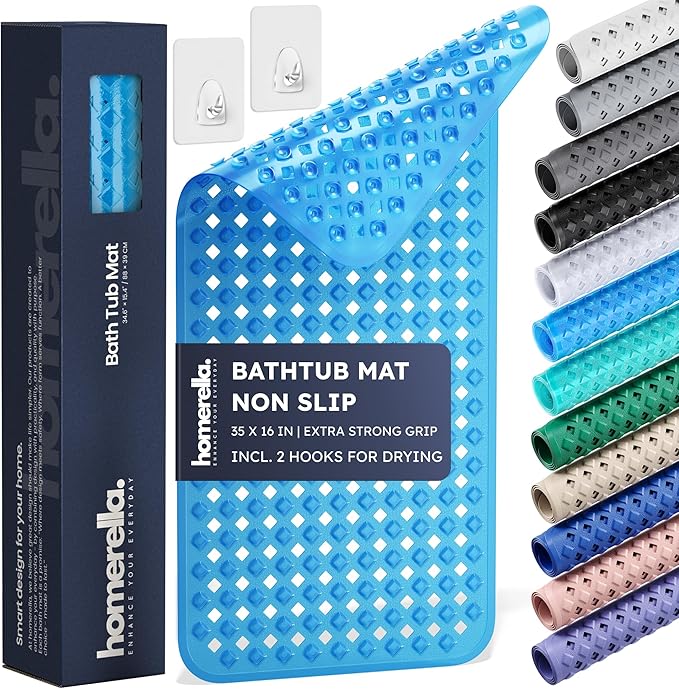 homerella® Bathtub Mat Non Slip 35x16, Incl. Hooks for Drying, Extra Long, 100% BPA Free, Shower Mat Non Slip Anti Mold, Machine Washable, Shower Mats for Inside Shower Mildew Resistant