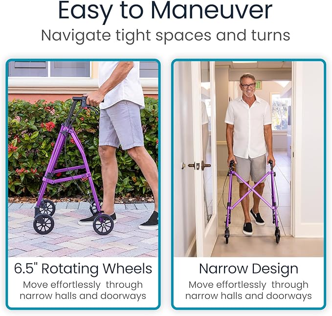 Vive Mobility Lightweight Walker for Seniors - Narrow, Folding Walker w/Wheels for Small & Tight Spaces - Light Weight for Balance, Compact Doorways, Foldable - Portable & Collapsible for Travel