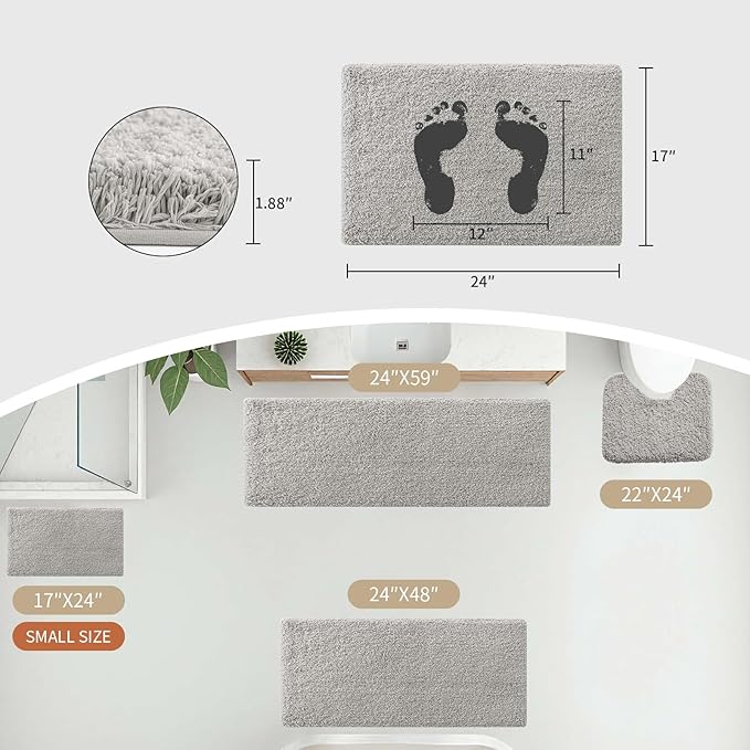 Gray Bathroom Runner Rug 24x70 Non Slip Fluffy Long Bath Mat for Bathroom Floor Washable Plush Luxury Bath Rug for Tub Absorbent Shower Sink Mat Bedside Rug