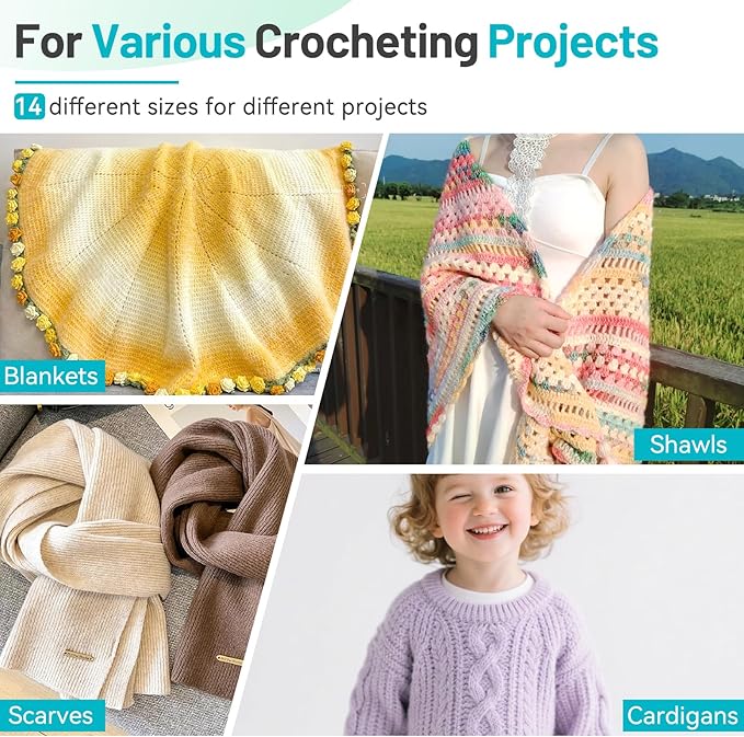 Coopay Crochet Hooks Set with Case, 12 Size Ergonomic Crochet Needles for Beginner Adult Arthritic Hands, 2mm(B)-8mm(L) Extra Long Knitting Hook for Crocheting Yarn- Great DIY Craft Christmas Gift