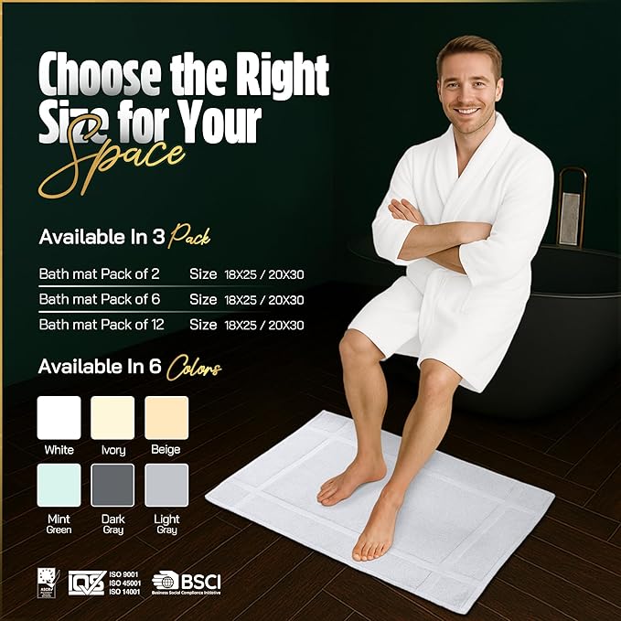 Pearl Linens Pack of 2 100% Cotton Bath Mat 18x25 inches, Soft & Absorbent Quick Dry Bathroom Mat Set, Not Bathroom Rugs, After Shower Mat, Bath Tub Mat, 687 GSM, Machine Washable, White