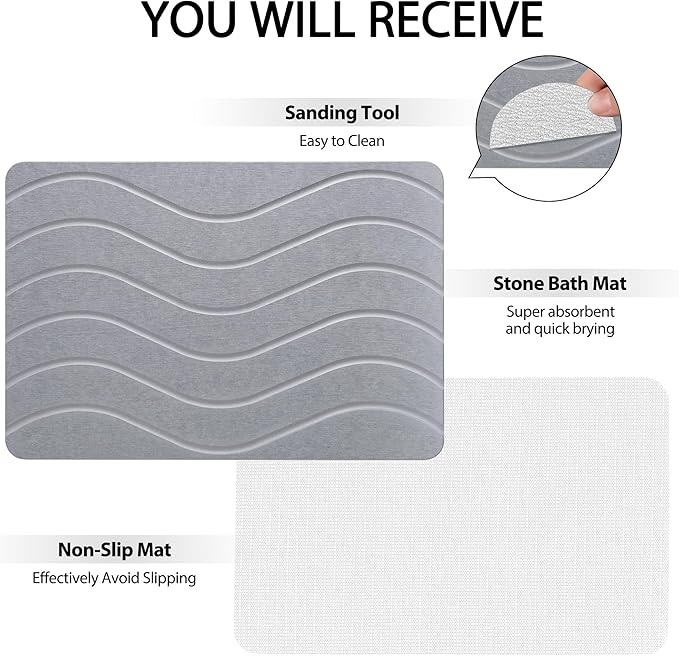 Absorbent Stone Bath Mat, Diatomaceous Earth Shower Mats, Non-Slip Water Absorbing Diatomite Stone Mat for Bathroom Floor, Quick-Drying Easy to Clean (23" x 16" Gray)