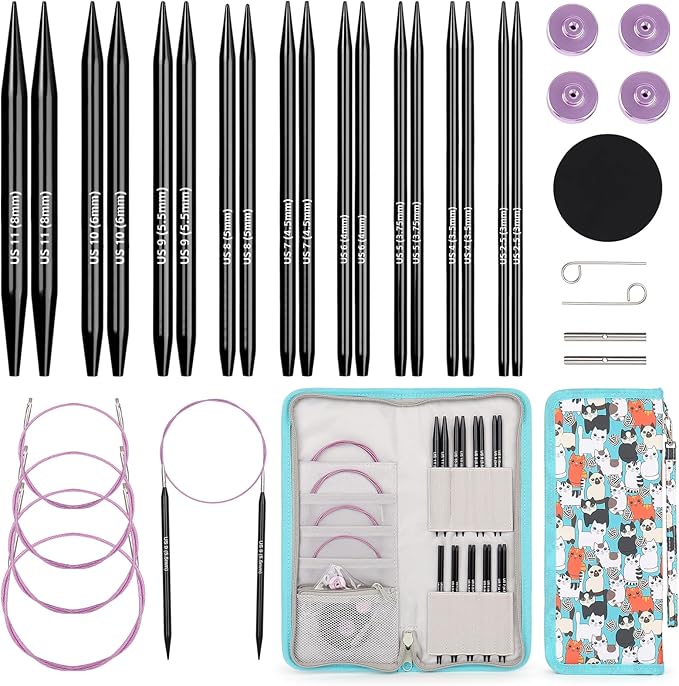 Aeelike Interchangeable Knitting Needles Set, 9 Pairs Circular Knitting Needles Aluminum (Size 3.0mm-8.0mm) with 4 Cables Accessories and Cute Storage Case for Socks Blankets Cushions, Ideal Gift