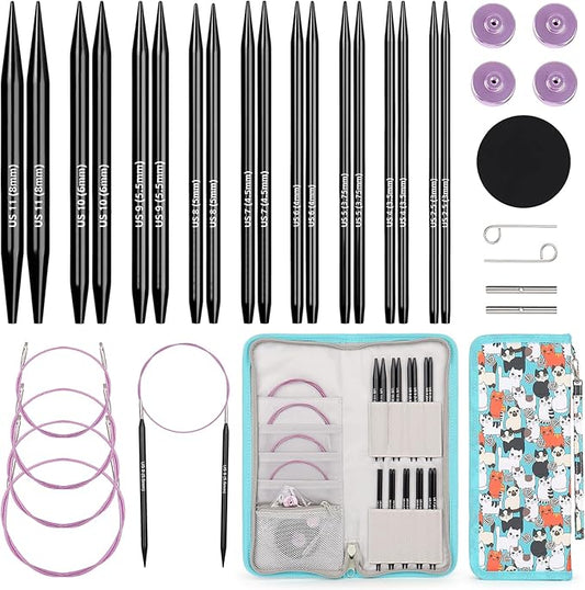 Aeelike Interchangeable Knitting Needles Set, 9 Pairs Circular Knitting Needles Aluminum (Size 3.0mm-8.0mm) with 4 Cables Accessories and Cute Storage Case for Socks Blankets Cushions, Ideal Gift