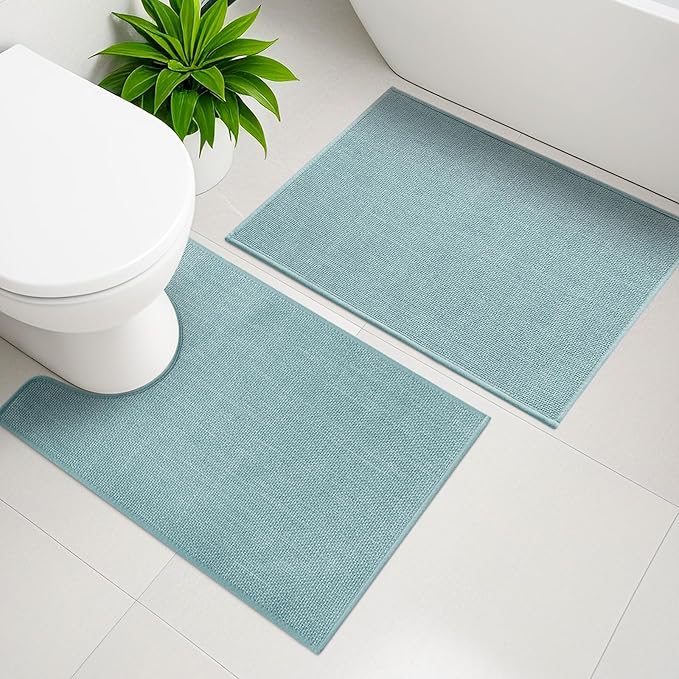 YIHOUSE Blue Bathroom Rug Sets 2 Piece, 17.5"x24"U+17"x24" Bath Mat Quick Dry, Non Slip, Easy To Clean
