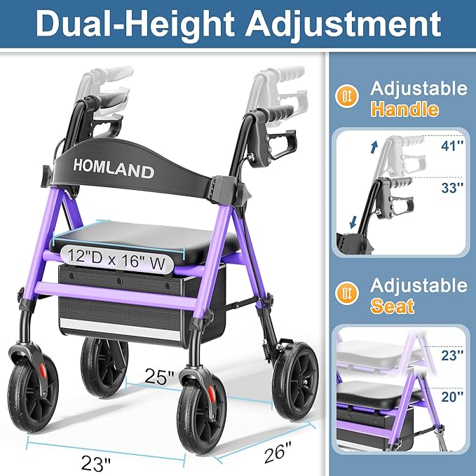 HOMLAND Rollator Walkers for Seniors with Seat, 8" All Terrain Wheels, Durable Aluminum Frame, Lightweight Foldable Walker with Ergonomic Seat, Height Adjustable Rolling Walker