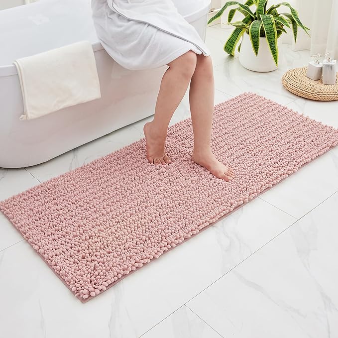 Bathroom Runner Rug 24x60 Non Slip Washable Long Bath Mat for Tub Thick Soft Absorbent Bathroom Floor Mat Large Chenille Bath Rug for Shower, Pink