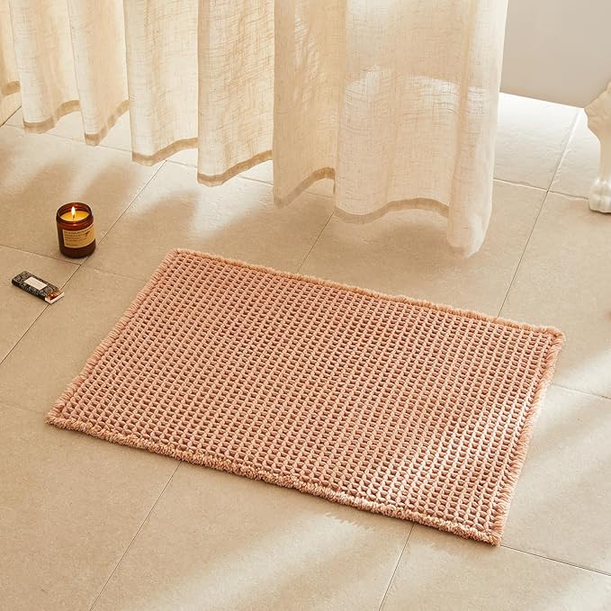 Waffle Bath Mat, Boho Bathroom Rugs Non Slip Washable Super Absorbent Quick Dry Bath Mat Farmhouse Bathroom Decor, 30"x20" Light Peach