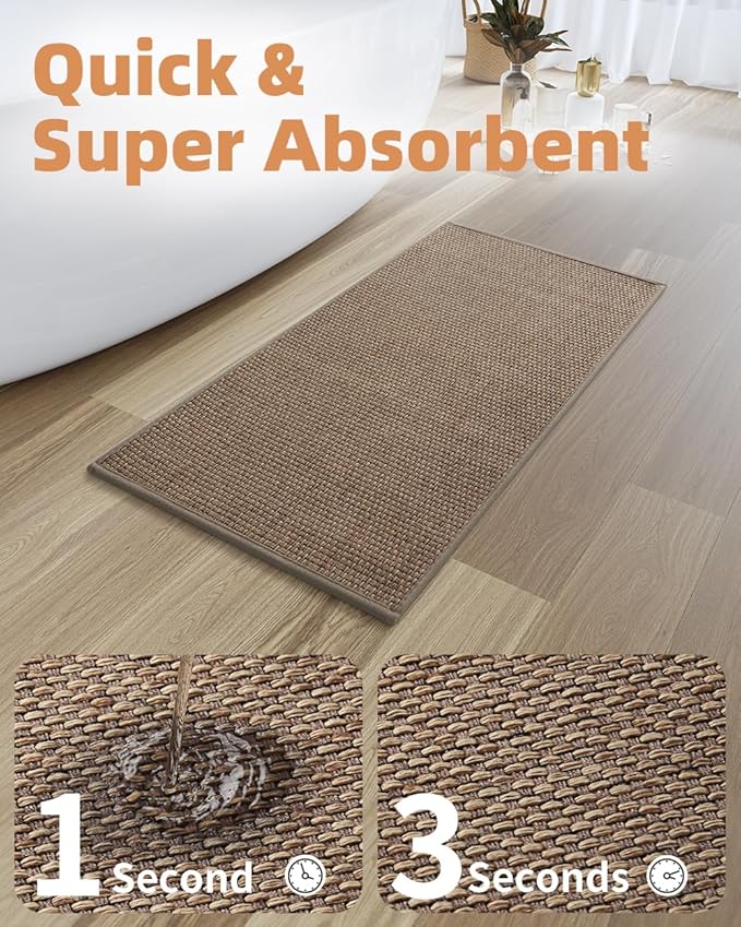 PADOOR Non-Slip Bath-Mats, Rubber-Backing Braided Absorbent Bathroom Mat Machine Washable Thin Bathroom Rugs Fit Under Door Quick Dry Bath Rugs for Floor, 17''x24'' Brown