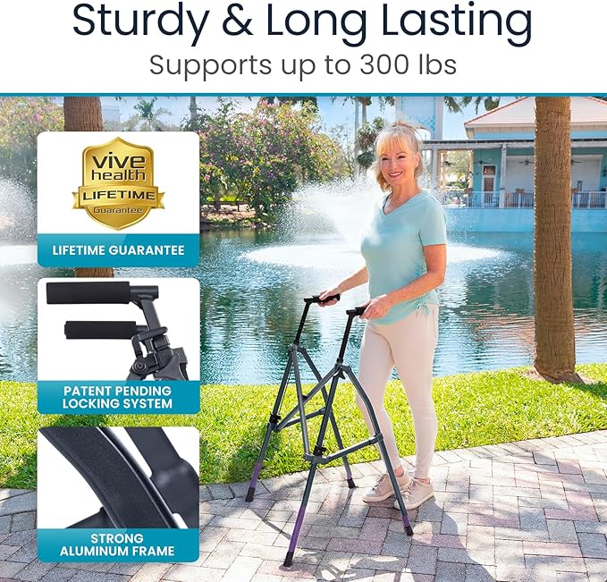 Vive Lightweight Folding Walker for Seniors - Narrow Foldable Rolling Walker for Small Spaces- Compact & Collapsible for Travel - with Wheels, Mobility Support, Portable- Weighs Only 5.5 Pounds