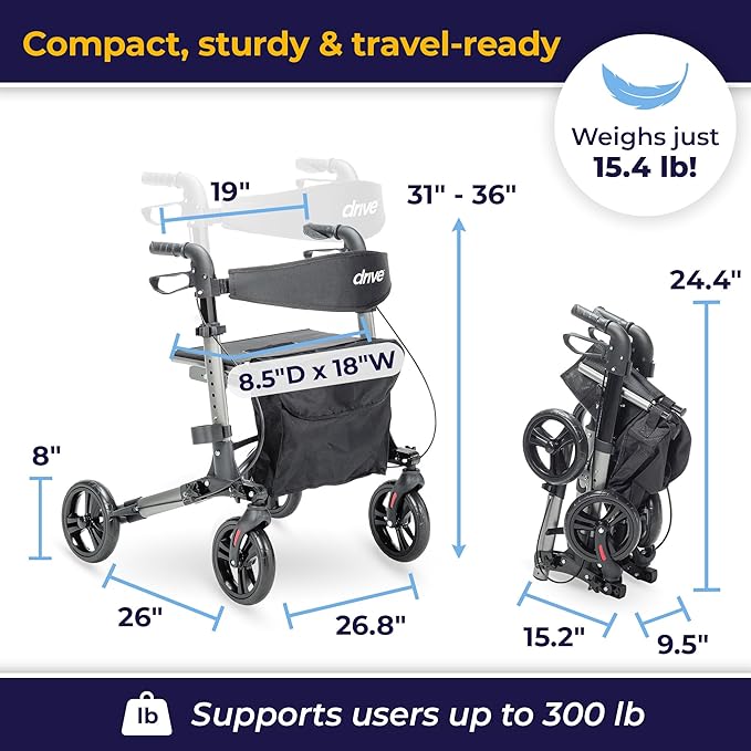 Drive Medical Compact Folding Rollator - Lightweight Foldable Walker for Seniors, 4-Wheeled Walker with Seat & Brakes, Space-Saving & Portable Travel Rollator with 8-Inch Wheels - Just 15.4 Pounds