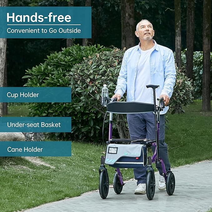 ELENKER All-Terrain Rollator Walker with Seat, Outdoor Rolling Walker, 12” Non-Pneumatic Tire Front Wheels, Compact Folding Design for Seniors, Purple