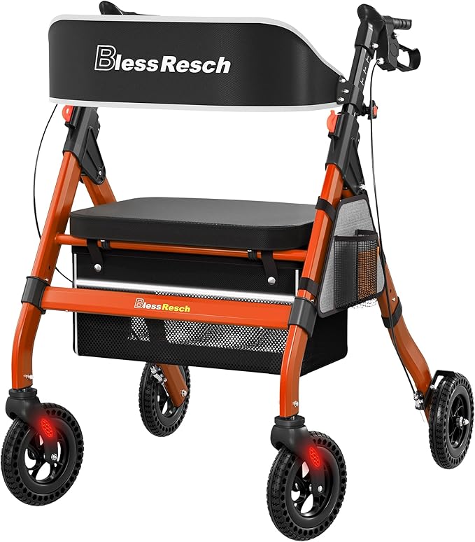 Foldable Rollator Walkers with Seat for Seniors, 450 lb Capacity, 8'' Wheels, 18" Big Seat, 6-Position Adjustable Height, Heavy-Duty Aluminum Rolling Walker (Red)