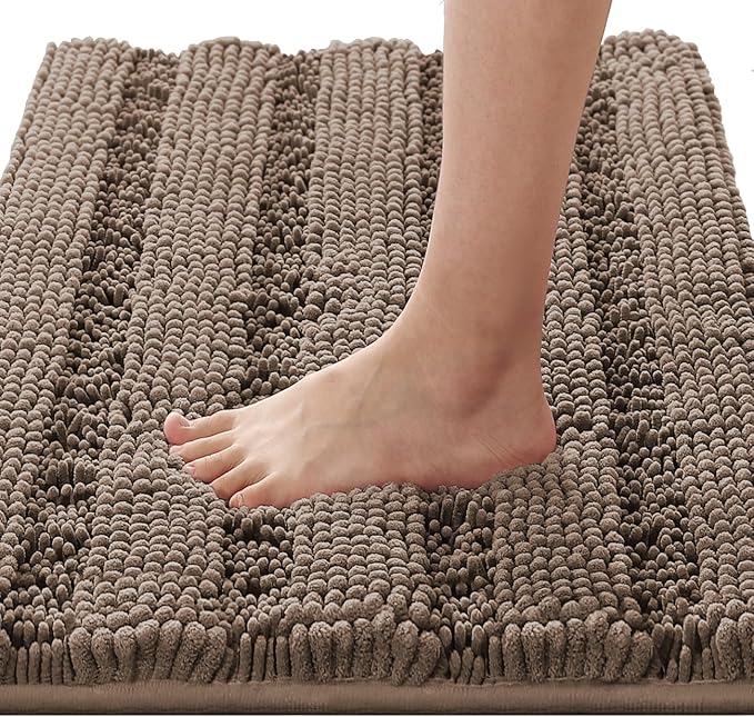 H.VERSAILTEX Bathroom Rugs Bath Rugs for Bathroom Non Slip Bath Mats Extra Thick Chenille Striped Rug 17" x 24" Absorbent Soft Shaggy Washable Dry Fast Bath Mats for Bath Room Floor - Taupe Brown