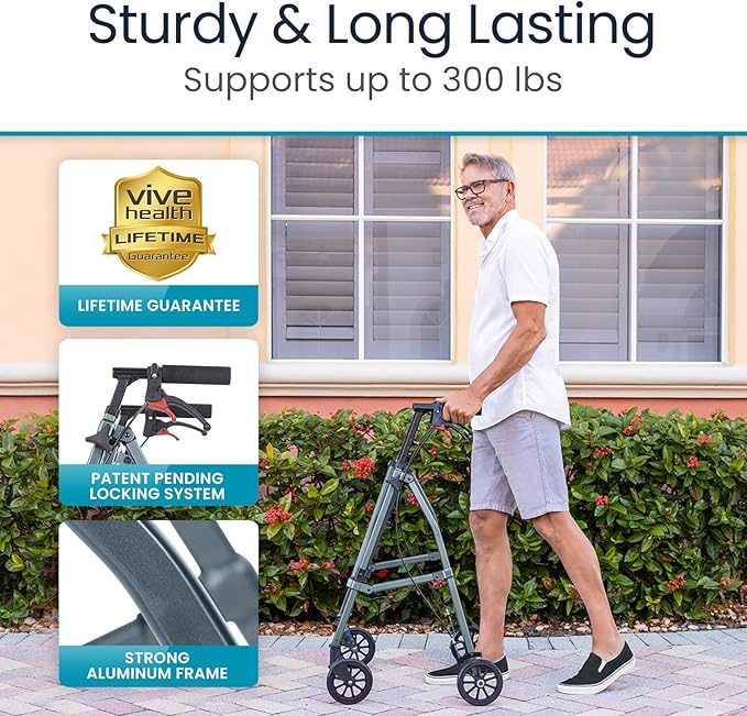 Vive Mobility Lightweight Walker for Seniors - Narrow, Folding Walker w/Wheels for Small & Tight Spaces - Light Weight for Balance, Compact Doorways, Foldable - Portable & Collapsible for Travel