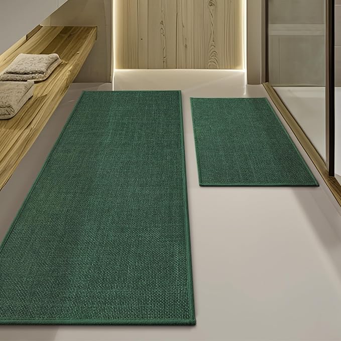 YIHOUSE Green Bathroom Rug Set, 2 Piece, 17"x24" + 17"x47", Non Slip, Quick Dry, Modern Boho Style