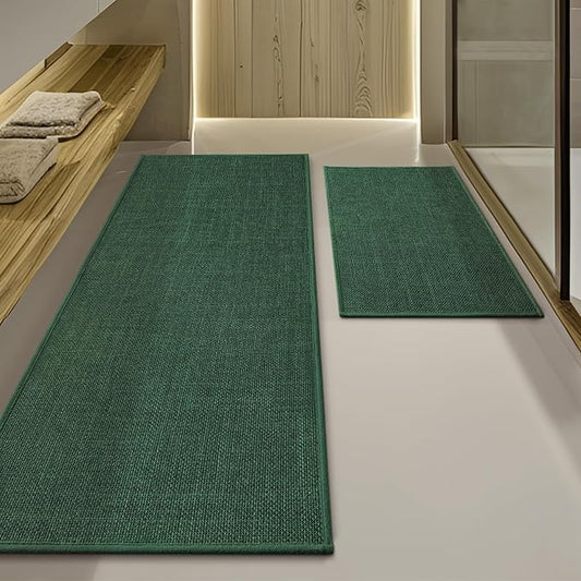 YIHOUSE Green Bathroom Rug Set, 2 Piece, 17"x24" + 17"x47", Non Slip, Quick Dry, Modern Boho Style