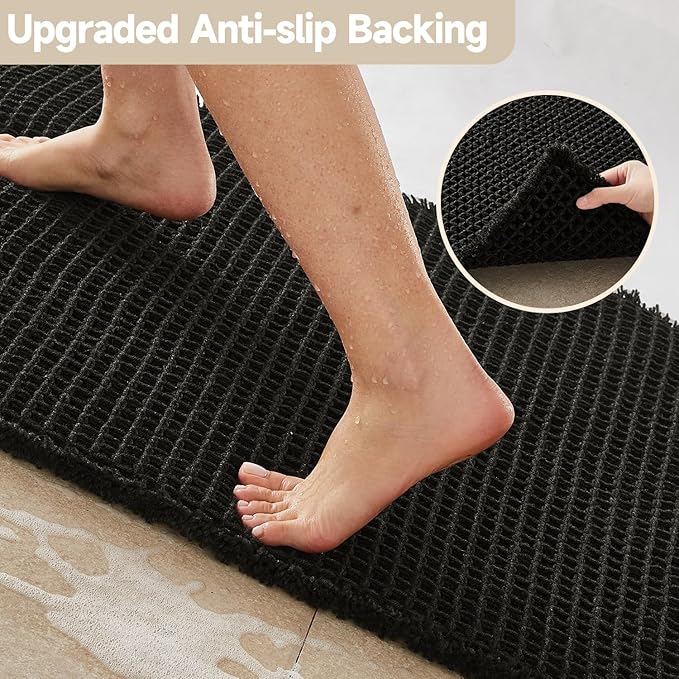 Black Bathroom Rug, Waffle Bath Mat Non Slip Washable Super Absorbent Quick Dry Boho Farmhouse Bathroom Decor, 48"x24" Black