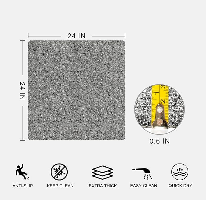 Nonslip Bathtub Mat, Anti Slip Bath Mat 0.6" Extra Thick, Quick Dry Bath Tub Anti Slip Shower Mat, Loofah Non-Slip Bath Mat for Tub Bathroom Pool Kitchen Entryway Home Hotel(Grey 24x24)