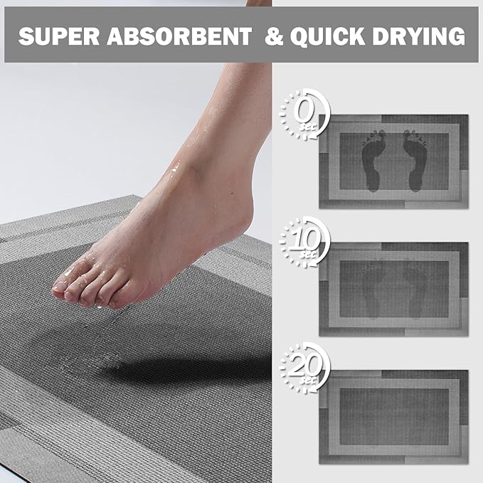 Non Slip Long Bath Mat Bathroom Runner, Rubber Backing Ultra Thin Bathroom Rugs Fit Under Door Quick Dry Super Absorbent Washable Bath Rug Shower Mat for Bathtub Sink Floor, Dark Gray 17"x47"