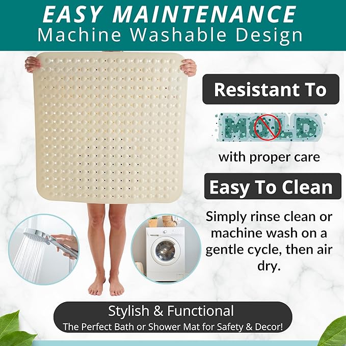 ENKOSI Extra Large Square Non Slip Shower Mat - 31 x 31-inch XL Bathroom Shower Mat - Square Shower Matts for Shower Stall Floors | Secure Suction Cups and Drain Holes (31x31 Pearl White)