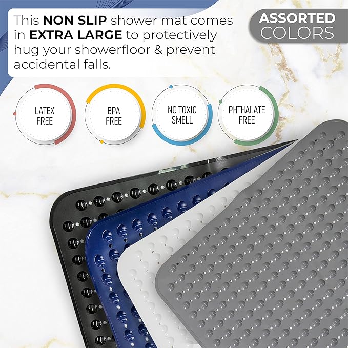 ENKOSI Extra Large Square Non Slip Shower Mat - 31 x 31-inch XL Bathroom Shower Mat - Square Shower Matts for Shower Stall Floors | Secure Suction Cups and Drain Holes (31x31 Black)