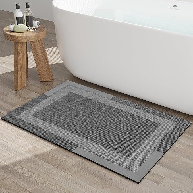 Non Slip Bath Mat, Rubber Backing Ultra Thin Bathroom Rugs Fit Under Door Quick Dry Super Absorbent Washable Bath Rug Shower Mat for Bathroom Floor Bathtub Sink, Easy Care Dark Grey 20"x 32"