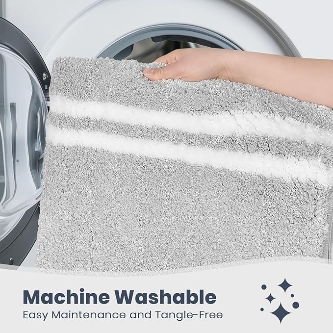 PURRUGS Bathroom Rug Non-Slip Machine Washable 24" x 36", Super Absorbent and Quick Dry Shaggy Microfiber Bath Mat, Extra Soft and Plush Bath Rug for Bathtub, Shower and Sink, Light Grey