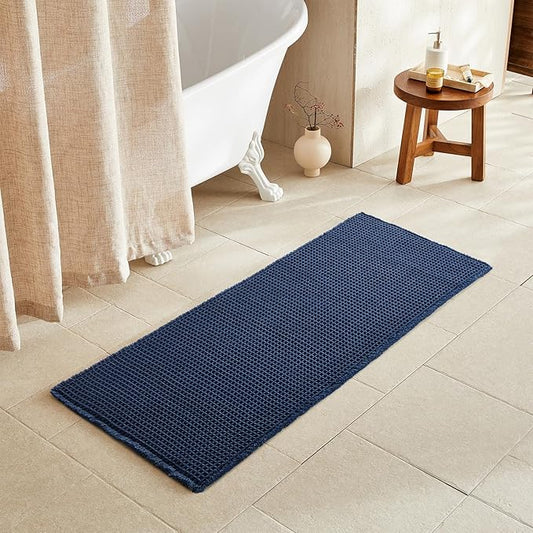 Waffle Runner Rug Bathroom, Long Boho Bathroom Rugs Non Slip Washable Super Absorbent Quick Dry Farmhouse Bath Decor, 60"x24" Navy Blue