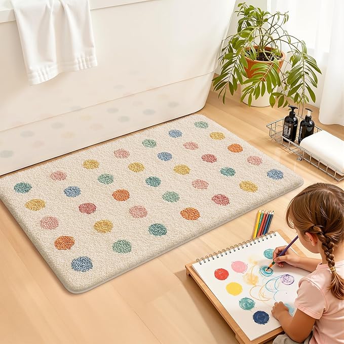 LUMI Bathroom Rugs, Soft Absorbent Bath Mat for Modern Home Decor, Non-Slip Quick-Dry Bath Rug, Machine Washable Floor Mat for Shower and Tub, Entryway, 16"x24", Colorful Dot