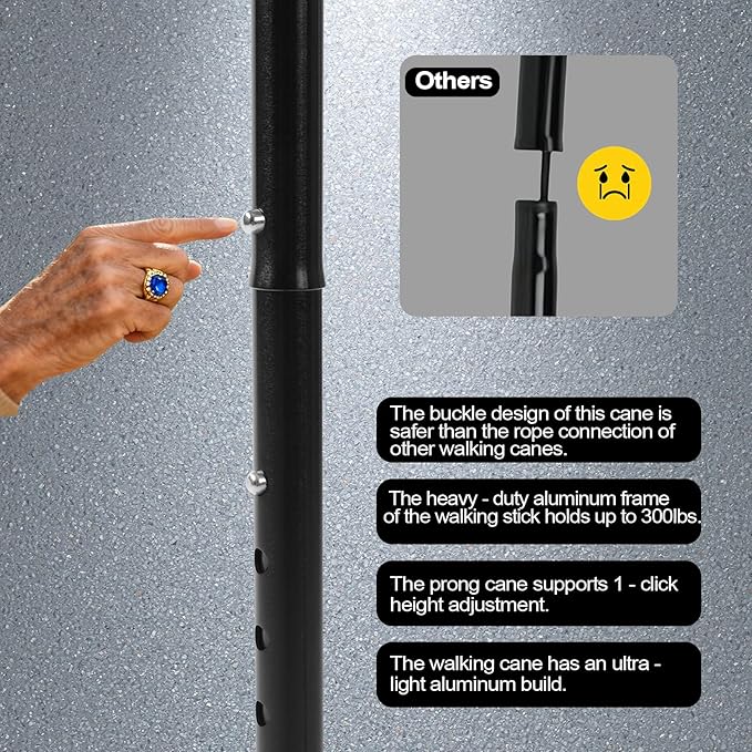 Quad Cane with LED Light (300 lbs) - Adjustable 4-Pronged Walking Cane Sticks for Men & Women, Extra Balance & Stability for Seniors