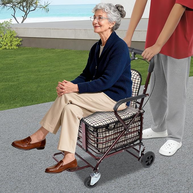Wine Red Foldable Shopping Cart with Seat & Handbrake, 220lb Capacity, 55lb Basket, 4-Wheel Senior Rollator for Groceries