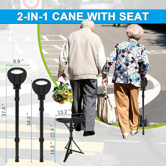 Cane with Seat Portable Walking Stick Folding Chair Lightweight Aluminum Mobility Aid Crutch Chair Height Adjustable with Carry Bag for Seniors Elderly Handicap Waiting/Queuing/Fishing
