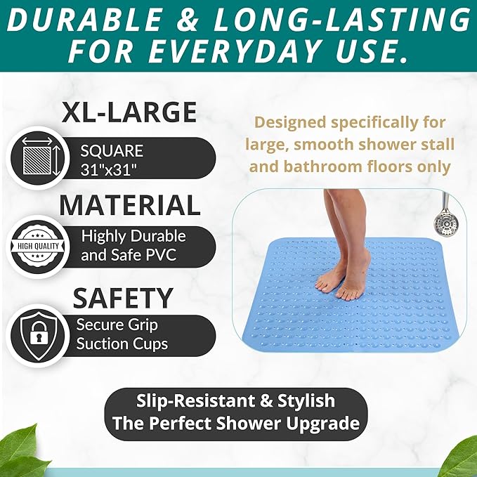 ENKOSI Extra Large Square Non Slip Shower Mat - 31 x 31-inch XL Bathroom Shower Mat - Square Shower Matts for Shower Stall Floors | Secure Suction Cups and Drain Holes (31x31 Aqua Blue)