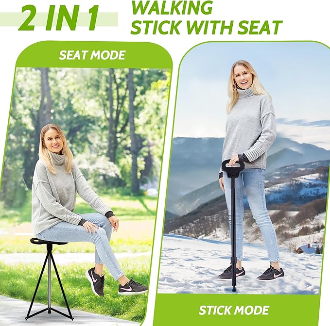 XXL Portable Walking Cane with Seat, Adjustable 34"-37" Foldable Lightweight Aluminum Anti-Slip Walking Stick for Men & Women, 550 Lbs Cane with Chair for Travel Hiking with Carry Bag