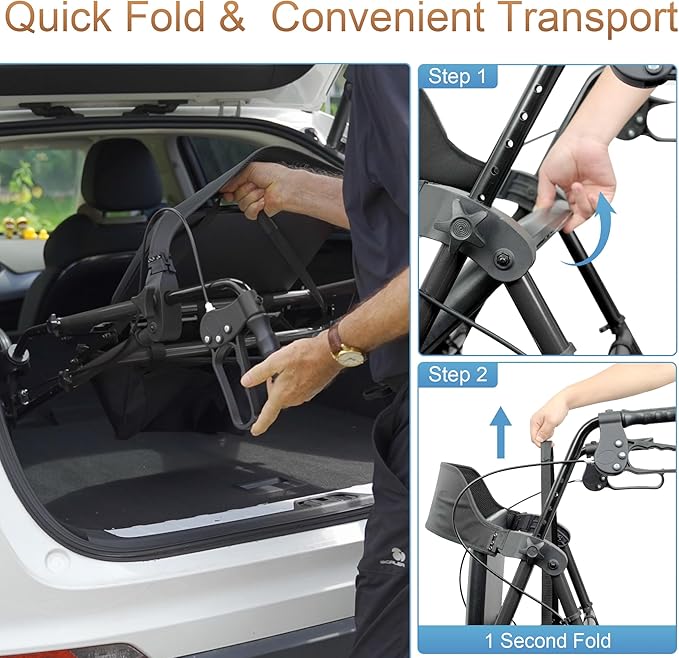 Rollator Walkers with Seat for Seniors, Foldable 8" Big Wheels All Terrain Rolling Walker, Handles and Ergonomic Seat Height Adjustable, 350 lb