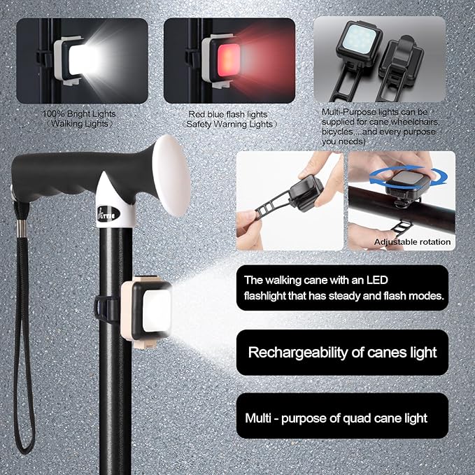 Quad Cane with LED Light (300 lbs) - Adjustable 4-Pronged Walking Cane Sticks for Men & Women, Extra Balance & Stability for Seniors