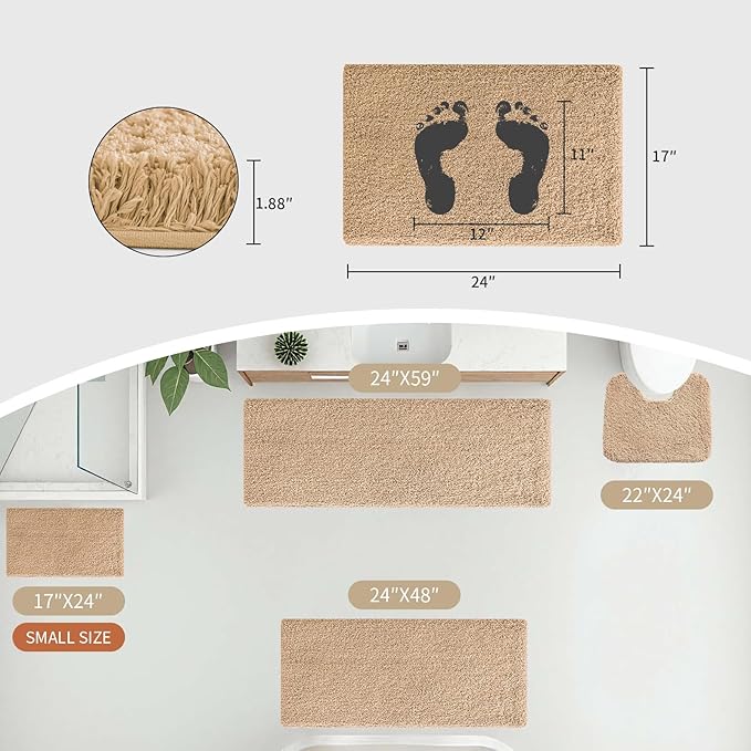Small Bathroom Rug 17x24 Non Slip Beige Fluffy Bath Mat for Bathroom Floor Washable Plush Luxury Bath Rug for Tub Soft Shaggy Absorbent Shower Mat