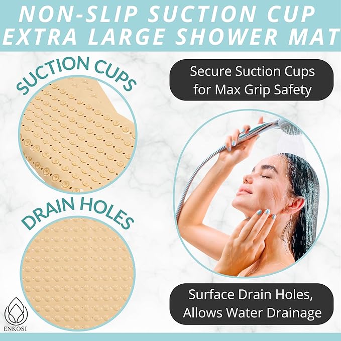 ENKOSI Extra Large Square Non Slip Shower Mat - 31 x 31-inch XL Bathroom Shower Mat - Square Shower Mats for Shower Stall Floors | Secure Suction Cups and Drain Holes (31x31 Beige Opaque)