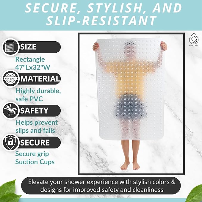 ENKOSI Extra Large Shower Mat Non Slip - 47 x 32 inch - XL Bathroom Shower Mat - Large Shower Matts for Shower Stall Floors - Secure Suction Cups and Drain Holes (47x32 Clear)