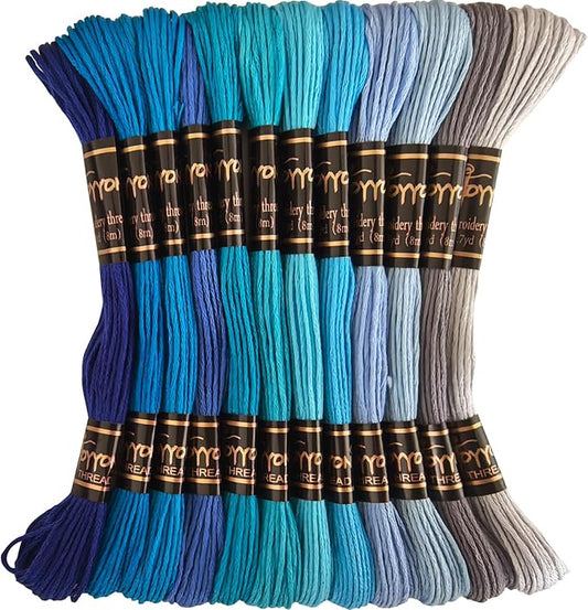 12 Skeins Embroidery Thread, 12 Colors Embroidery Floss Set, Cross-Stitch Threads for Hand Embroidery, String Art（Blue Series）