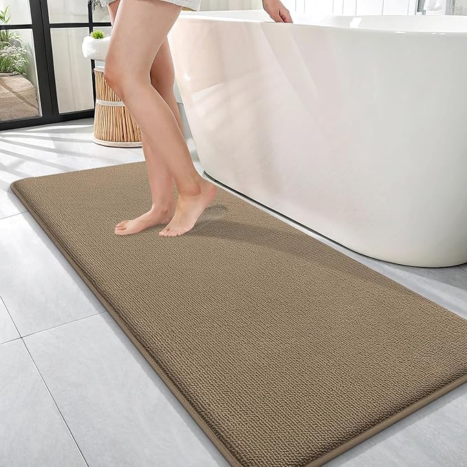 OLANLY Thick Memory Foam Bath Mat Rug 47x17, Extra Soft Absorbent Bathroom Rug, Quick Dry Bath Mats, Non-Slip, Machine Washable Carpet for Bathroom, Tub and Shower, Home Decor Accessories, Tan