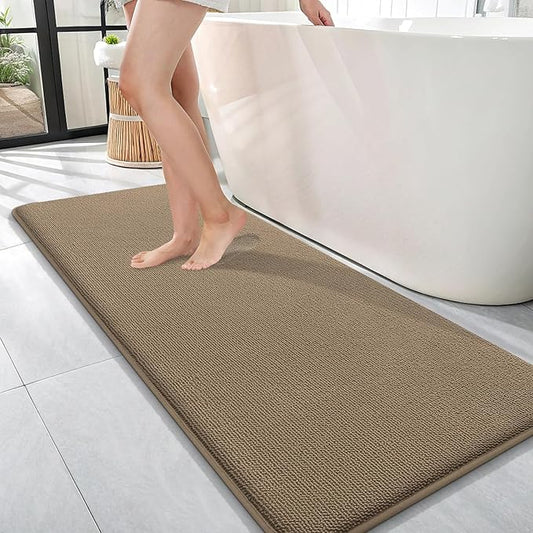 OLANLY Thick Memory Foam Bath Mat Rug 47x17, Extra Soft Absorbent Bathroom Rug, Quick Dry Bath Mats, Non-Slip, Machine Washable Carpet for Bathroom, Tub and Shower, Home Decor Accessories, Tan