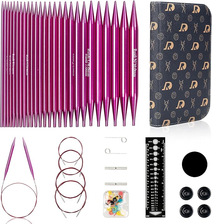 SLPLIRS Circular Knitting Needles Set, 13 Sizes Long Aluminium Interchangeable Circular Knitting Needles Set with Case & Accessories, 5" (13cm) | (2.75mm to 10mm) (Fuchsia)
