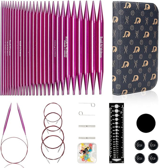 SLPLIRS Circular Knitting Needles Set, 13 Sizes Long Aluminium Interchangeable Circular Knitting Needles Set with Case & Accessories, 5" (13cm) | (2.75mm to 10mm) (Fuchsia)